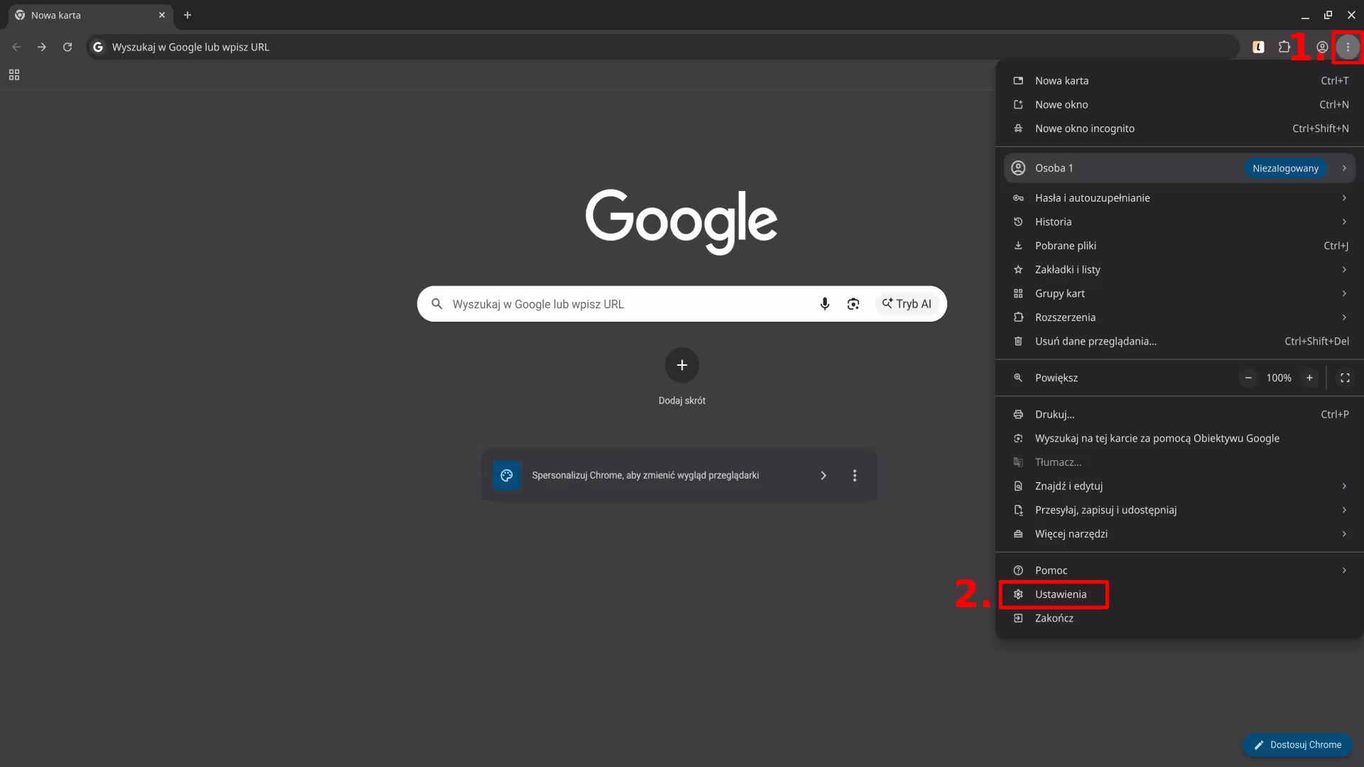 Okno przeglądarki Chrome w ciemnym motywie z otwartą nową kartą i wyszukiwarką Google. Czerwoną ramką i cyfrą 1 zaznaczono przycisk menu z trzema kropkami w prawym górnym rogu okna. Po jego kliknięciu rozwija się lista opcji, a czerwoną ramką i cyfrą 2 zaznaczono na niej pozycję „Ustawienia", znajdującą się w dolnej części menu, nad opcją „Zakończ".
