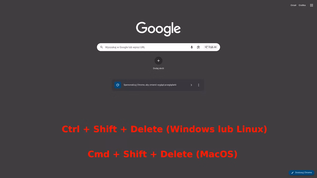 Strona startowa przeglądarki Chrome z logo Google i polem wyszukiwania. Na czerwono podano skróty klawiszowe otwierające okno usuwania danych przeglądania: Ctrl + Shift + Delete w systemie Windows lub Linux oraz Cmd + Shift + Delete w systemie macOS.