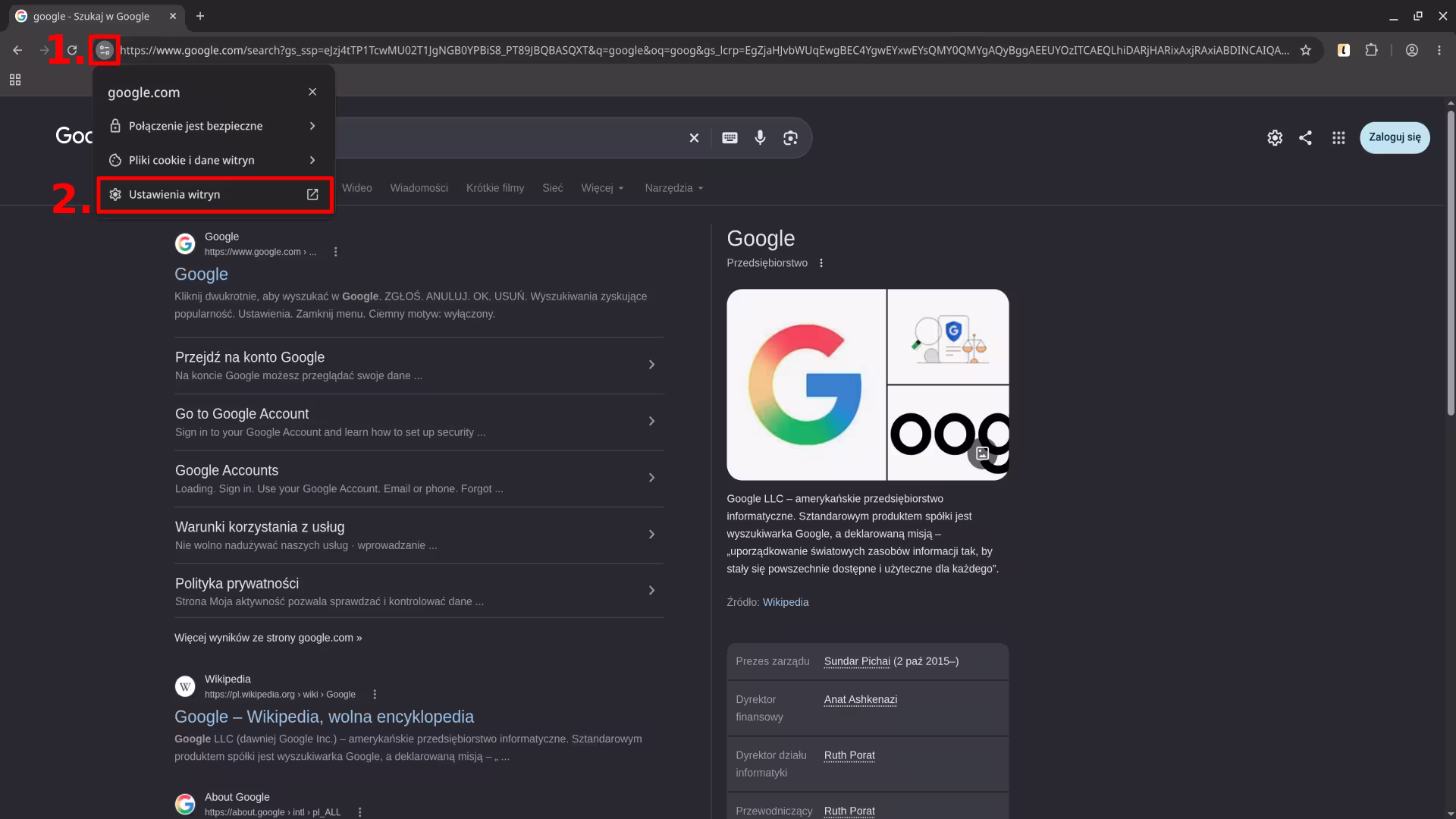 Wyniki wyszukiwania Google w przeglądarce Chrome (ciemny motyw). Czerwoną ramką i cyfrą 1 zaznaczono ikonę ustawień witryny po lewej stronie paska adresu. Po jej kliknięciu otwiera się małe menu dla witryny google.com z opcjami „Połączenie jest bezpieczne", „Pliki cookie i dane witryn" oraz „Ustawienia witryn". Czerwoną ramką i cyfrą 2 zaznaczono pozycję „Ustawienia witryn".