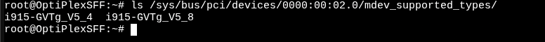 Wynik polecenia "ls" w terminalu, wyświetlający zawartość katalogu mdev_supported_types. Widoczne są dostępne profile vGPU: i915-GVTg_V5_4 oraz i915-GVTg_V5_8.