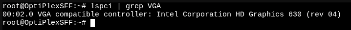 Wynik polecenia "lspci | grep VGA" w terminalu Proxmox. Wyświetlona jest zintegrowana karta graficzna Intel HD Graphics 630 wraz z jej adresem PCI 00:02.0.