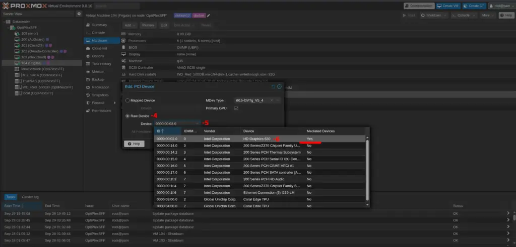 Okno dialogowe "Edit: PCI Device" w interfejsie Proxmox. Wybierane jest urządzenie "Raw Device" 0000:00:02.0 (Intel HD Graphics 630), a w kolumnie "Mediated Devices" widnieje status "Yes", co potwierdza dostępność GVT-g.