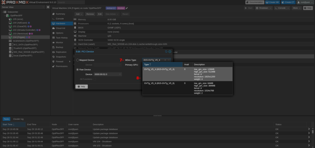 Tekst alternatywny: Okno dialogowe "Edit: PCI Device" w Proxmox z rozwiniętą listą "MDev Type". Widoczne są dostępne do wyboru profile vGPU, takie jak i915-GVTg_V5_4 i i915-GVTg_V5_8.