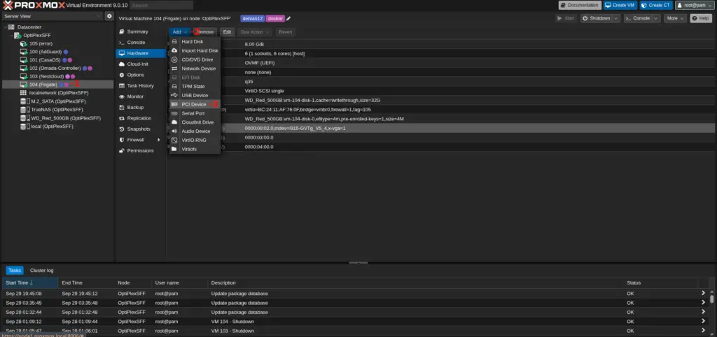 Interfejs webowy Proxmox, zakładka "Hardware" dla maszyny wirtualnej. Na liście urządzeń widoczne jest dodane urządzenie PCI, które reprezentuje wirtualne GPU (vGPU) przydzielone maszynie wirtualnej za pomocą GVT-g.