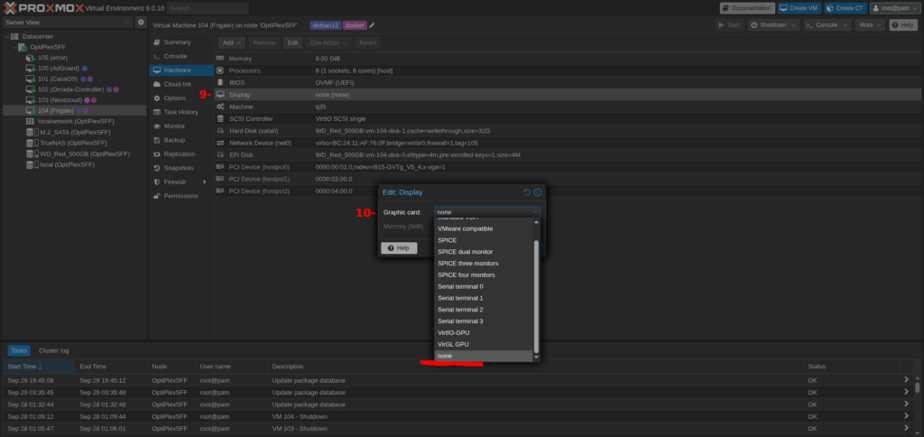 Tekst alternatywny: Okno dialogowe "Edit: Display" w interfejsie Proxmox. Z listy rozwijanej "Graphic card" wybrana jest opcja "none", co jest krokiem w konfiguracji GVT-g w celu wyłączenia emulowanej karty graficznej.