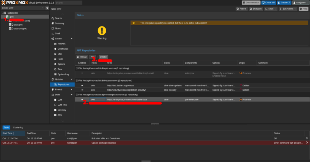 konfiguracja Proxmox po instalacji - Wyłączenie domyślnych repozytoriów Enterprise