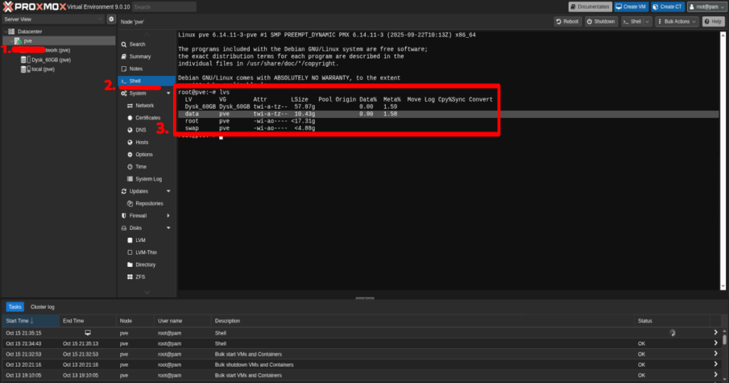 konfiguracja Proxmox po instalacji -Zwolnienie przestrzeni w wierszu poleceń 1/3