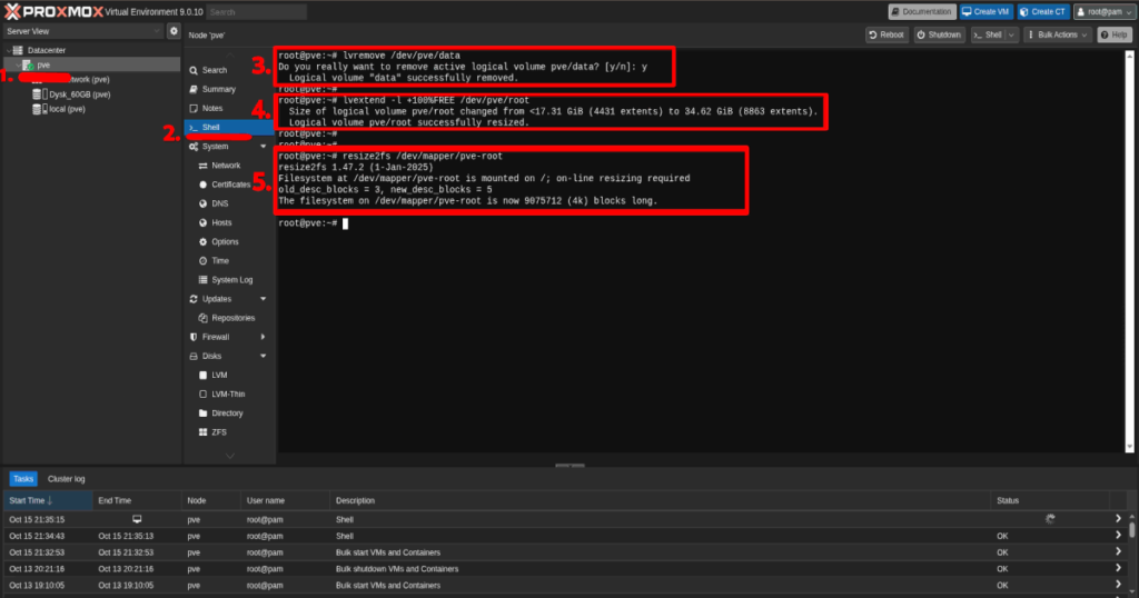 konfiguracja Proxmox po instalacji -Zwolnienie przestrzeni w wierszu poleceń 2/3