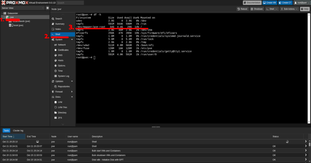 konfiguracja Proxmox po instalacji -Zwolnienie przestrzeni w wierszu poleceń 3/3