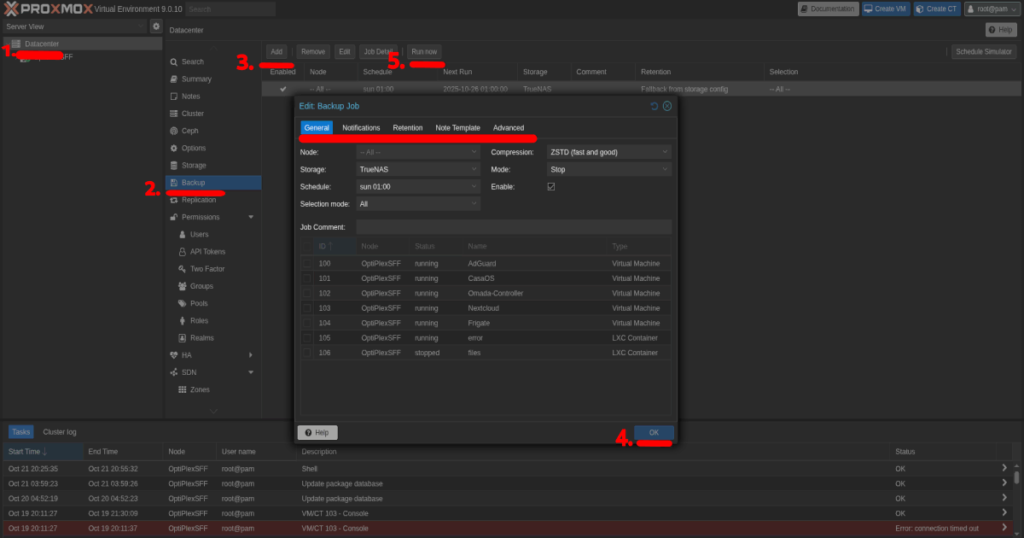 konfiguracja Proxmox po instalacji - Tworzenie Zadania Backupu (Backup Job)