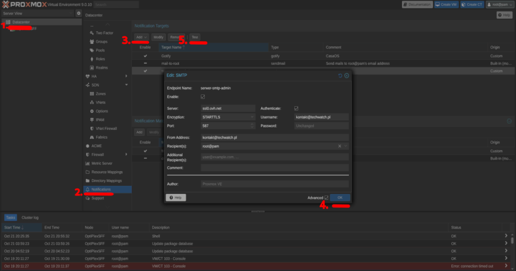 konfiguracja Proxmox po instalacji - Jak skonfigurować powiadomienia e-mail (Alerty SMTP)