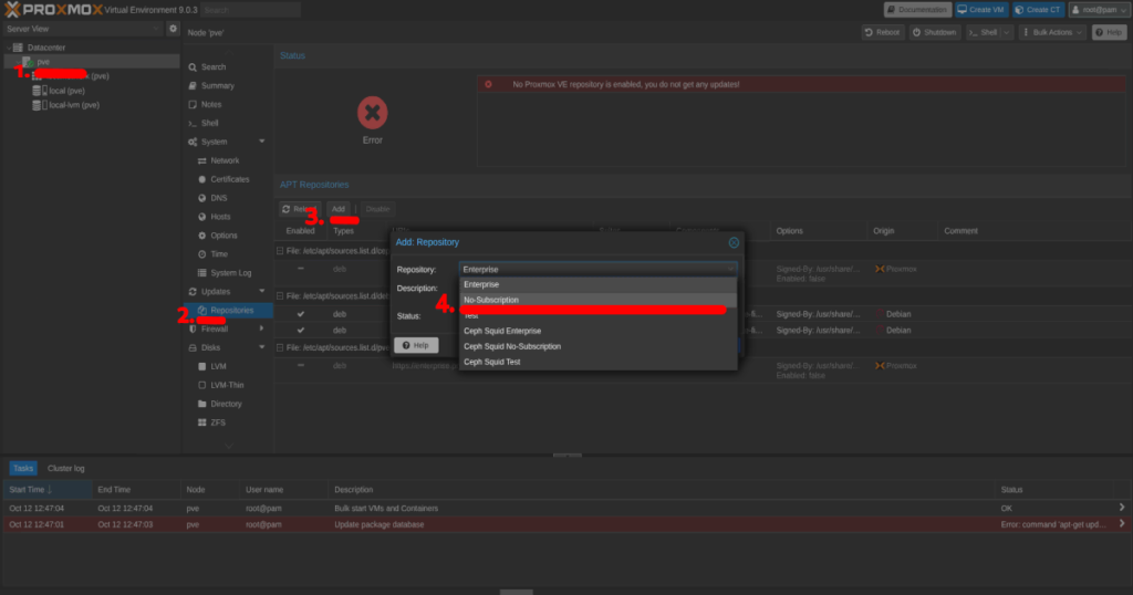 konfiguracja Proxmox po instalacji - Dodanie repozytorium "No-Subscription"