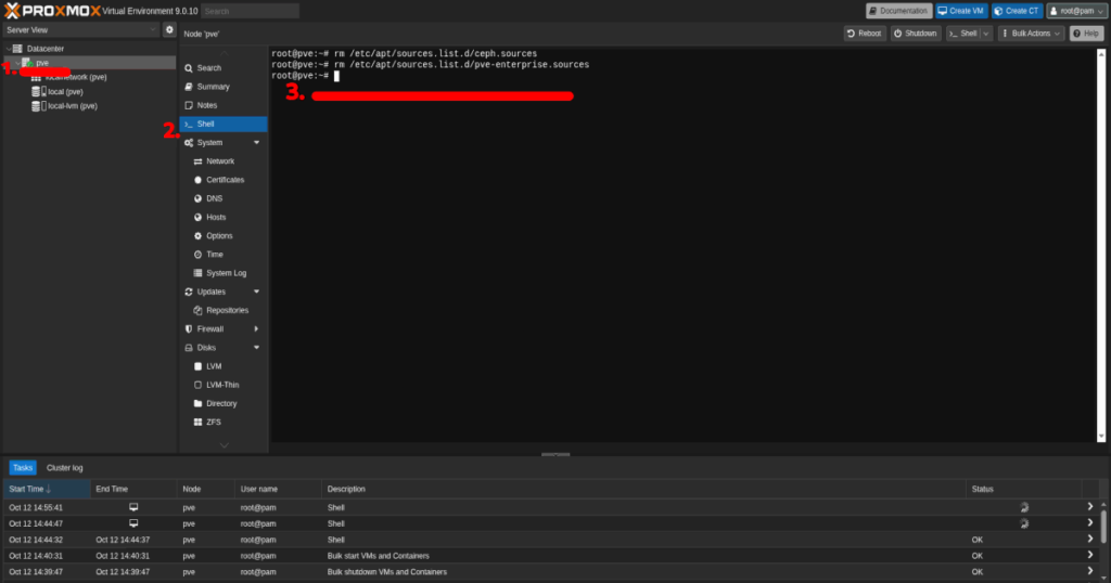 konfiguracja Proxmox po instalacji - Usunięcie nieaktywnych repozytoriów