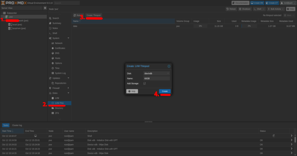 konfiguracja Proxmox po instalacji - Konfiguracja LVM-Thin