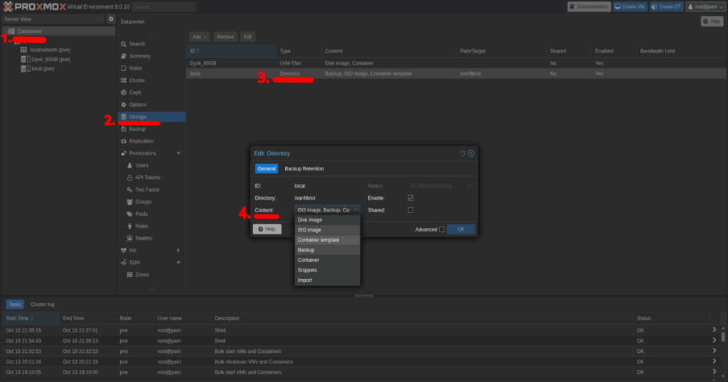 konfiguracja Proxmox po instalacji - Definiowanie zawartości magazynu