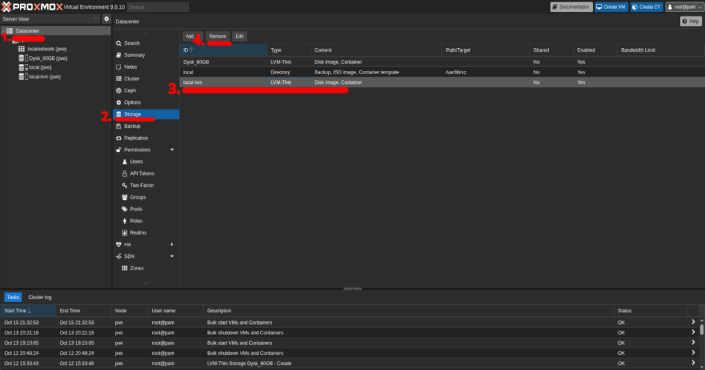 konfiguracja Proxmox po instalacji - Usunięcie magazynu local-lvm z interfejsu Proxmox