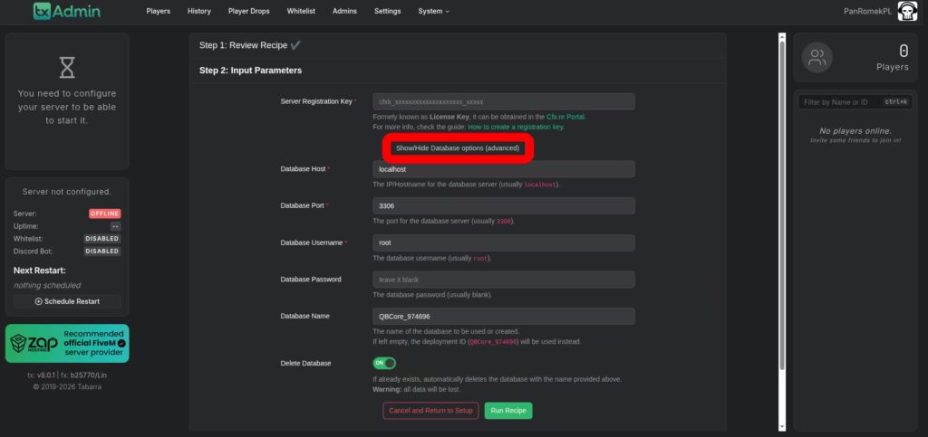 Panel txAdmin FiveM konfiguracja bazy danych